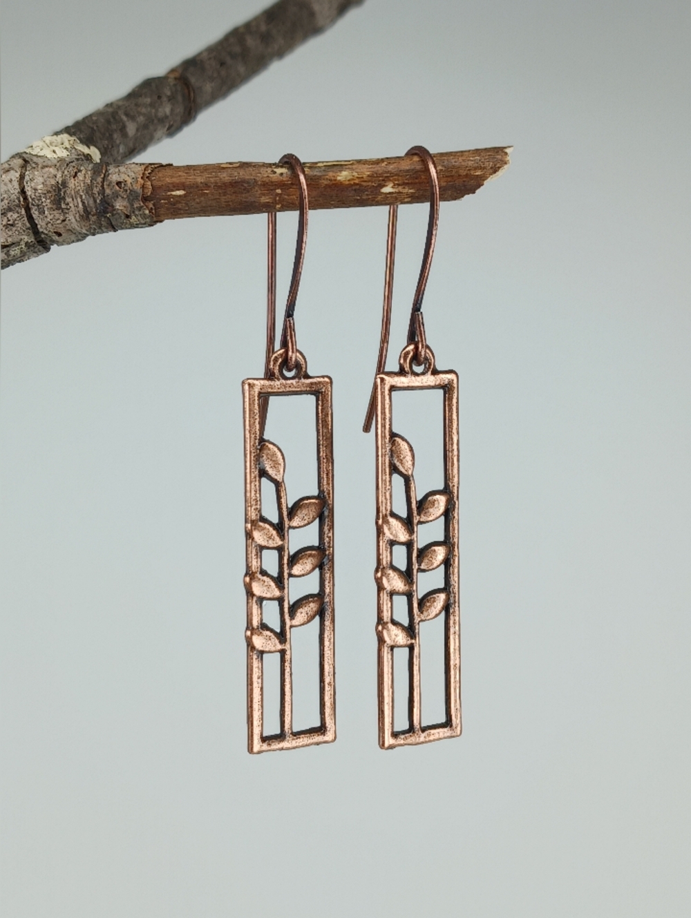HAND CRAFTED Copper Botanical Leaf Branch Dangle Earrings Minimalist Rustic Boho - Picture 3 of 5